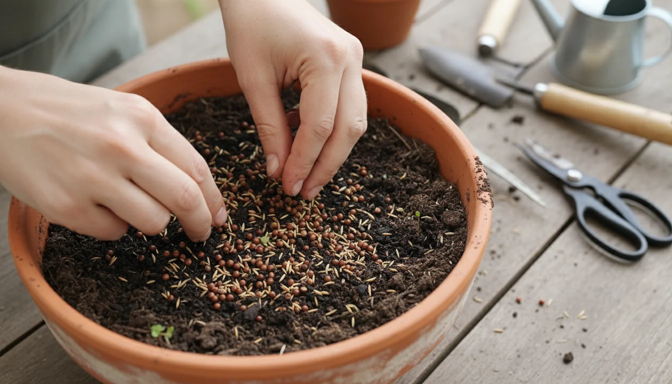 A pair of hands gently scattering crimson clover and cereal rye seeds onto dark soil in a terracotta pot.