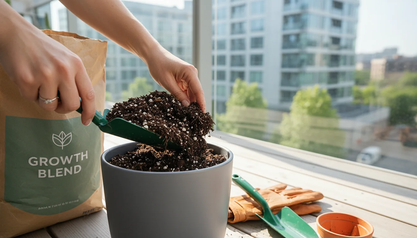 A pair of hands scoops dark, chunky organic potting mix into a gray ceramic pot on a wooden tray, with a small herb seedling nearby.