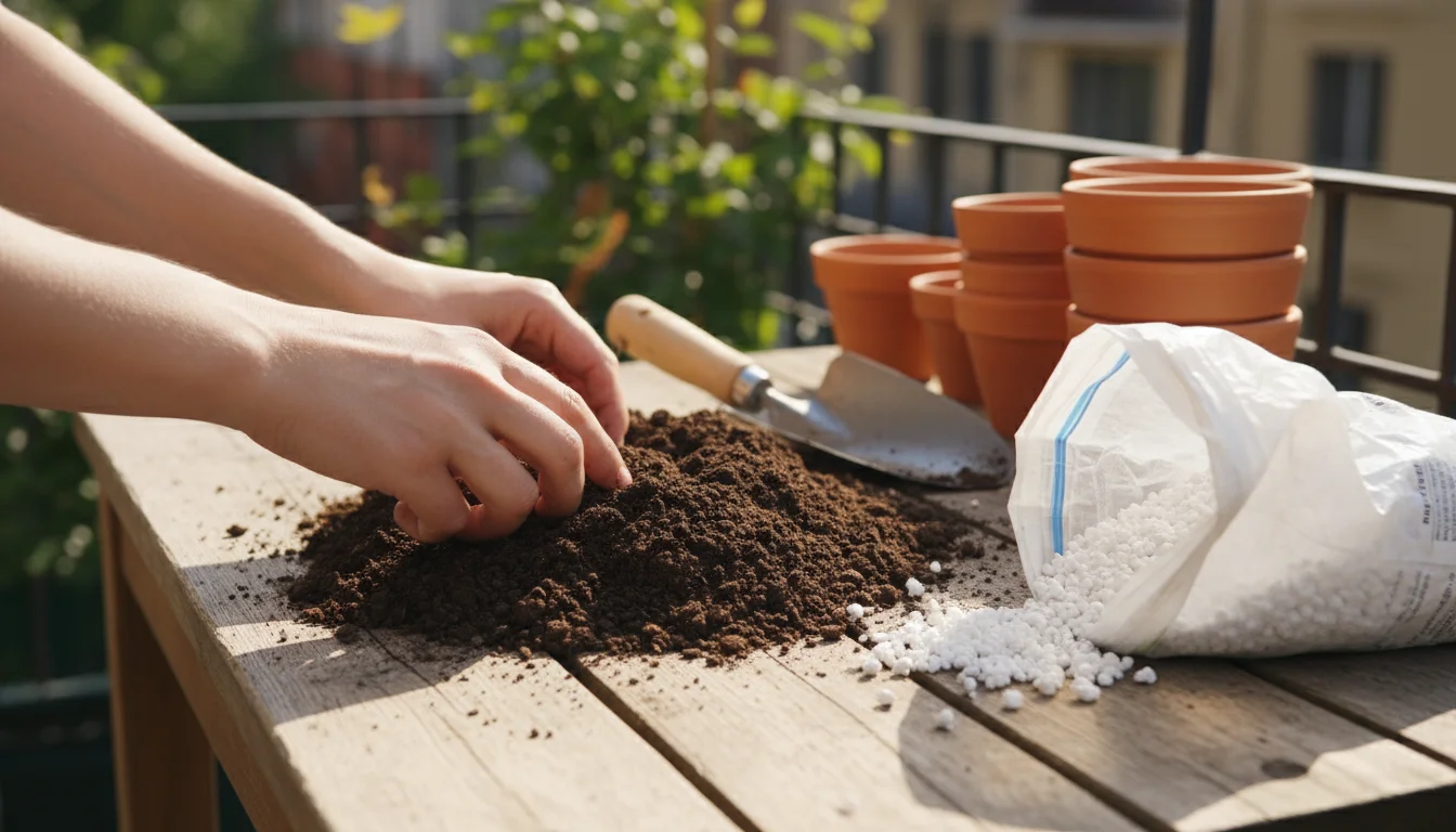 A pair of hands sifts rich, dark potting mix with white perlite granules on a rustic wooden bench on a sunny balcony.