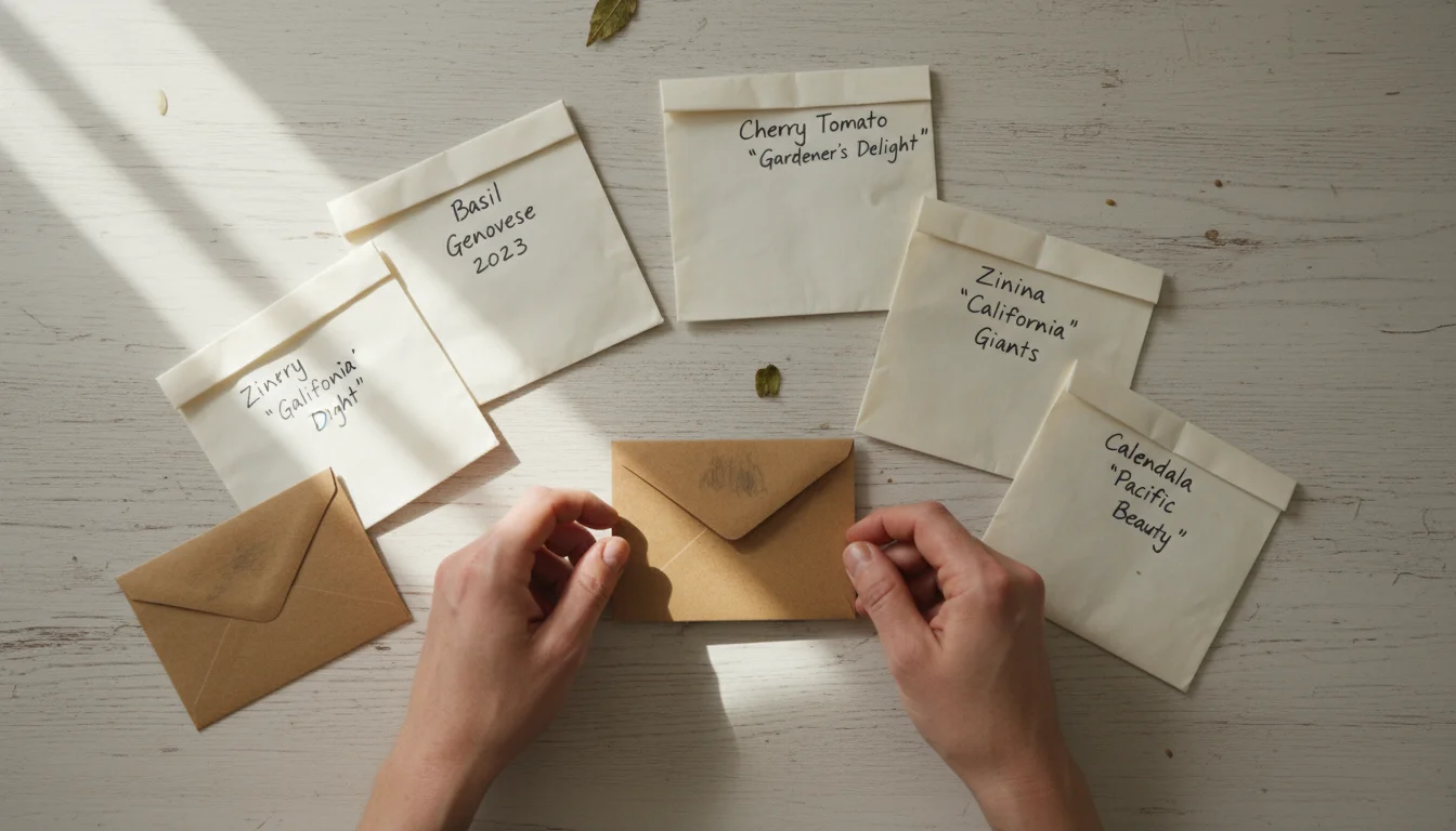 A pair of hands sorts through homemade seed packets on a light wooden table; some are clearly labeled, others are blank.