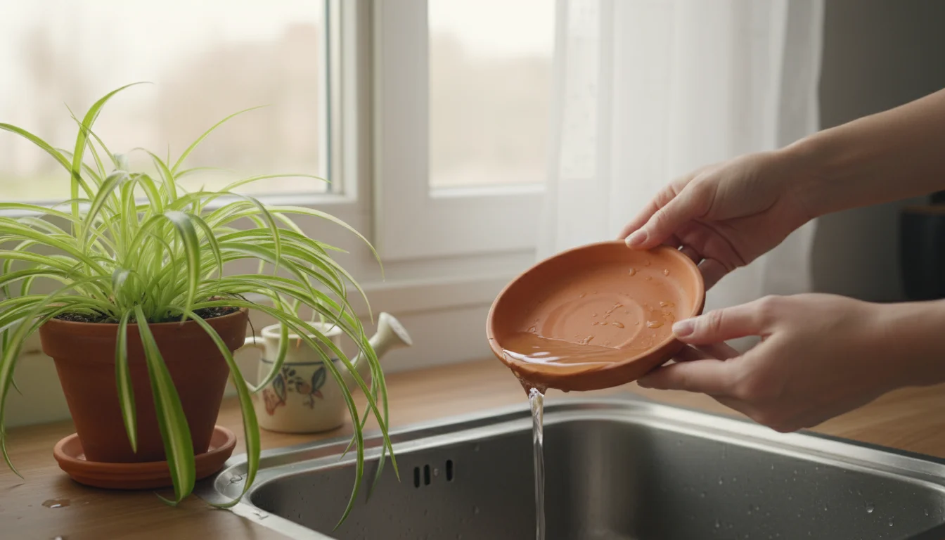 A pair of hands carefully tilts a terracotta pot saucer, pouring out accumulated excess water into a modern sink, preventing root rot for a lush house