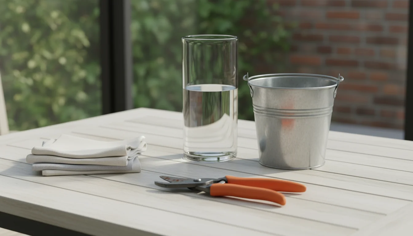 A pair of secateurs, a tall glass vase, and cloths arranged neatly on a wooden table, ready for forcing branches.