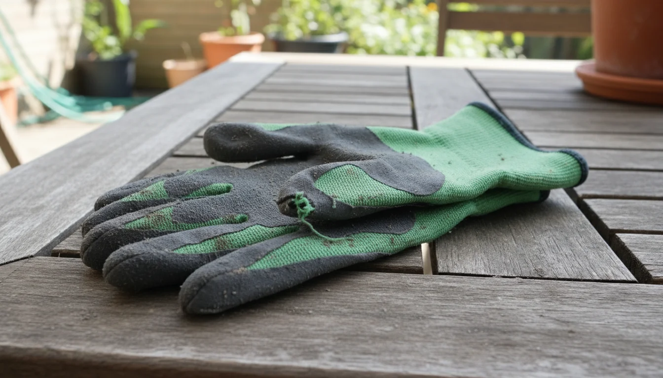 A pair of well-worn green and gray gardening gloves, one with a visible tear on the fingertip, lying on a wooden patio table next to potted herbs.