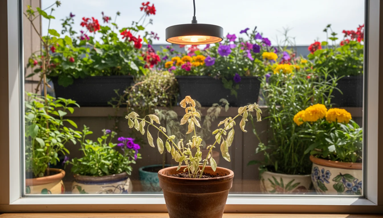 Pale, slightly droopy basil plant under an indoor grow light, with a bright outdoor balcony garden visible through a window.