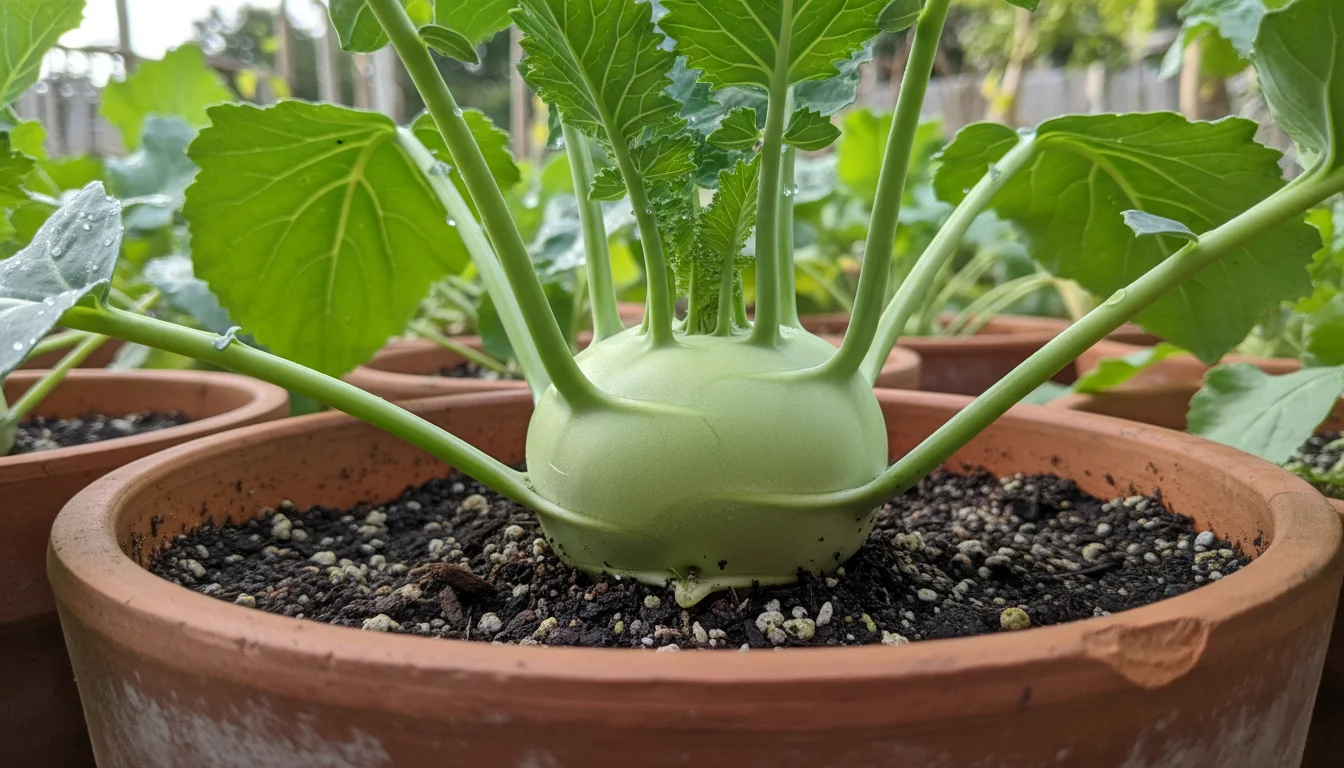 Close-up of a pale green kohlrabi plant with a spherical stem and leafy stalks growing in a terracotta pot on an urban balcony.