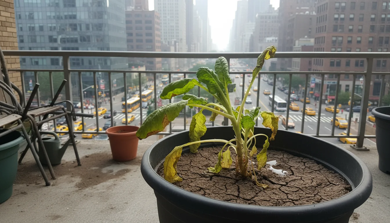 Pale leafy green plant in a dark pot on a balcony; the compacted soil is cracked, with water visibly pooling on the surface.