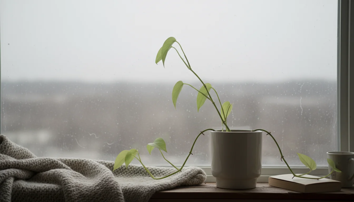 A pale, leggy pothos houseplant in a ceramic pot sits on a windowsill. Outside, a grey winter sky offers weak light.