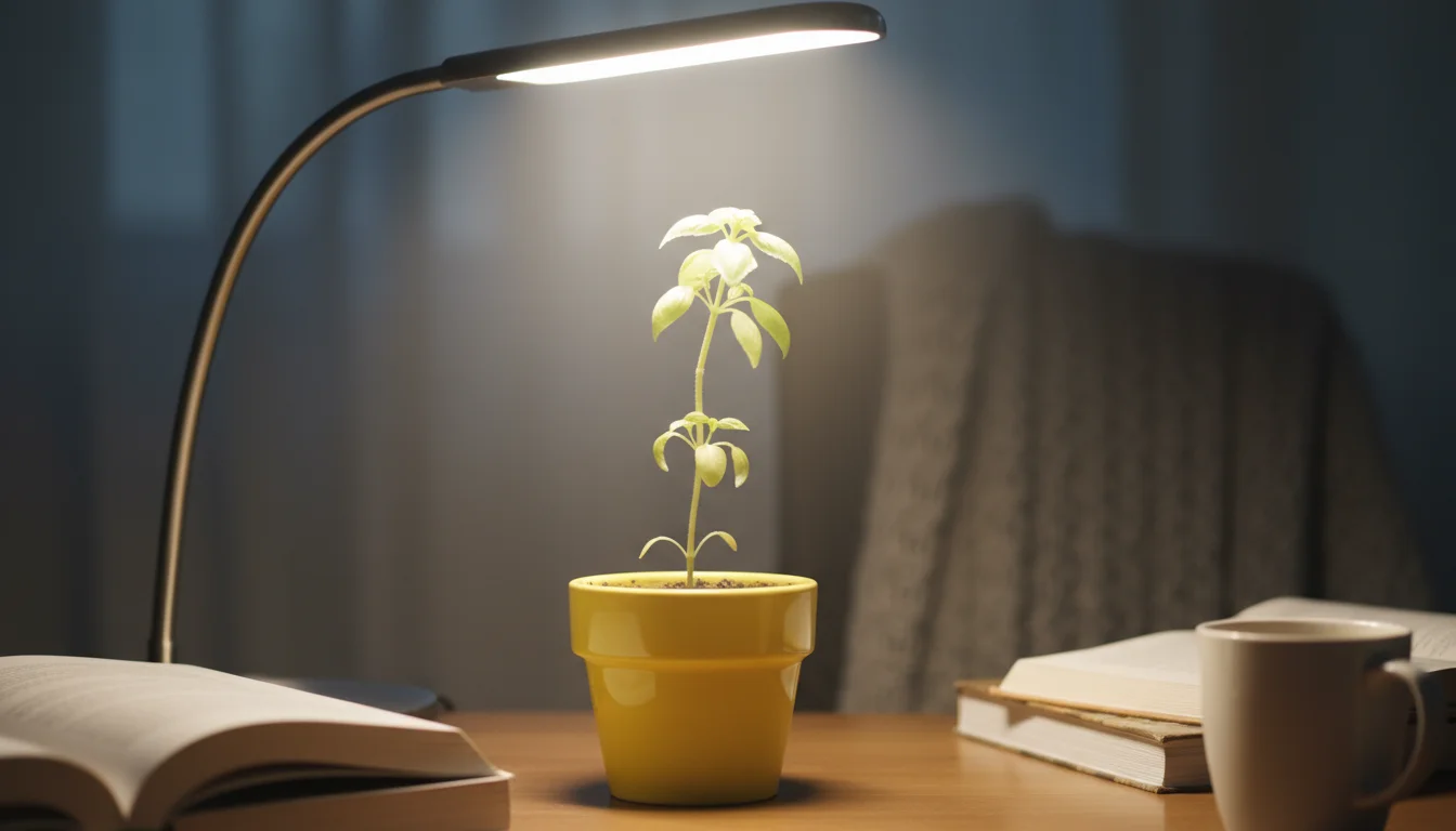 A pale, stretched basil plant in a yellow pot under a bright desk lamp, showing signs of poor growth.