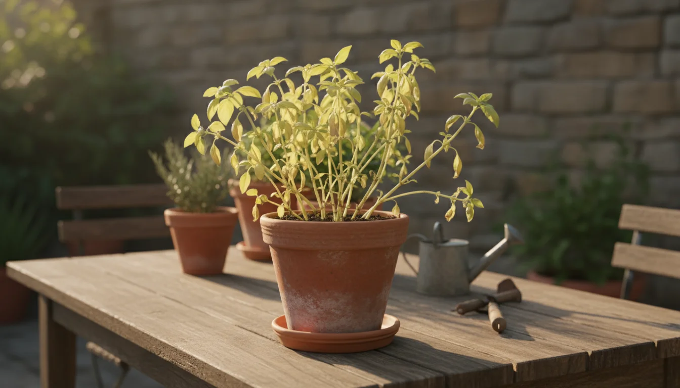 A pale, yellowing basil plant with small, sparse leaves in a terracotta pot on a rustic wooden patio table, showing under-fertilization.