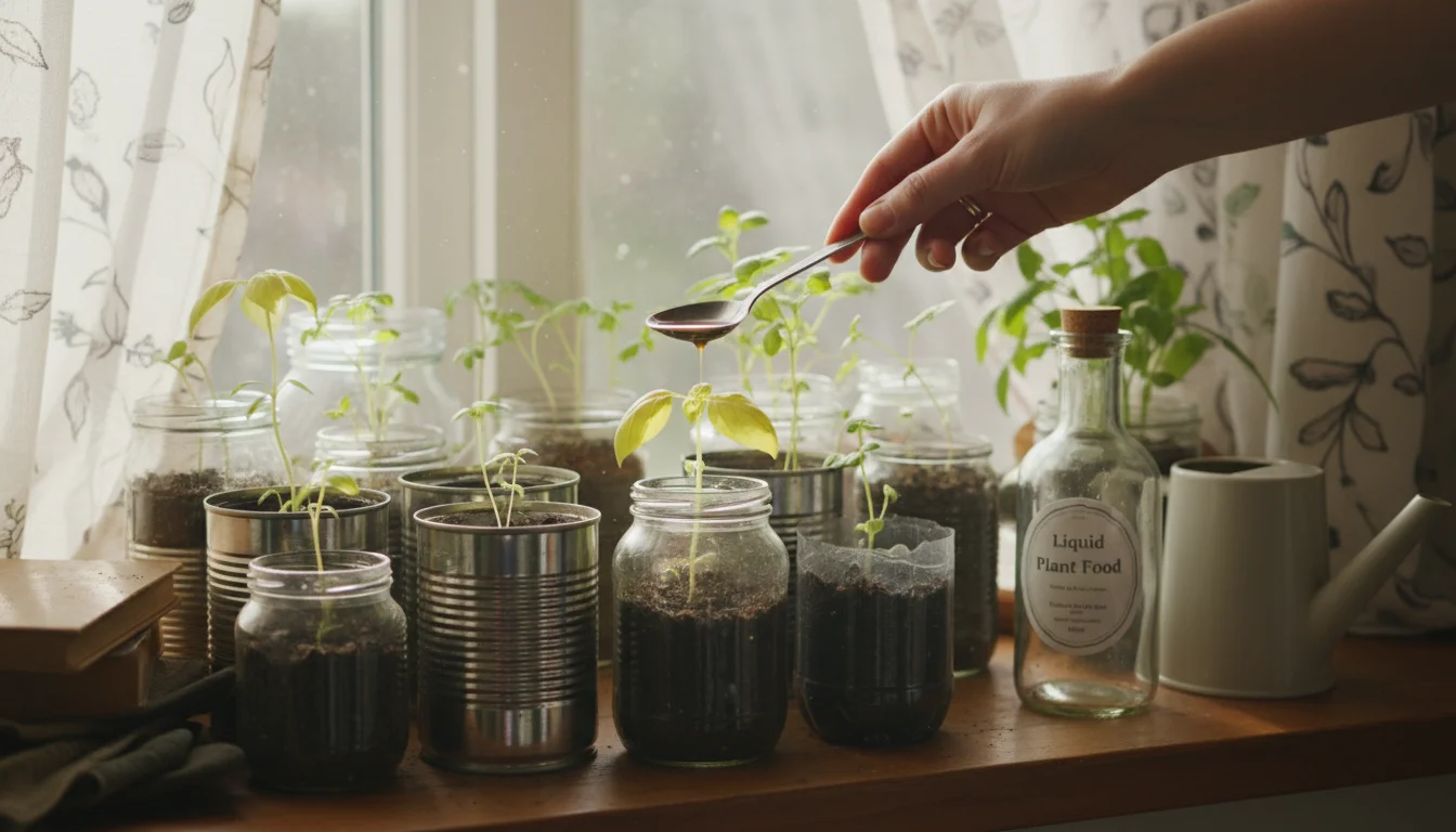 Pale, yellowing seedlings in small pots on a windowsill with a hand holding a measuring spoon over them and a fertilizer bottle nearby.