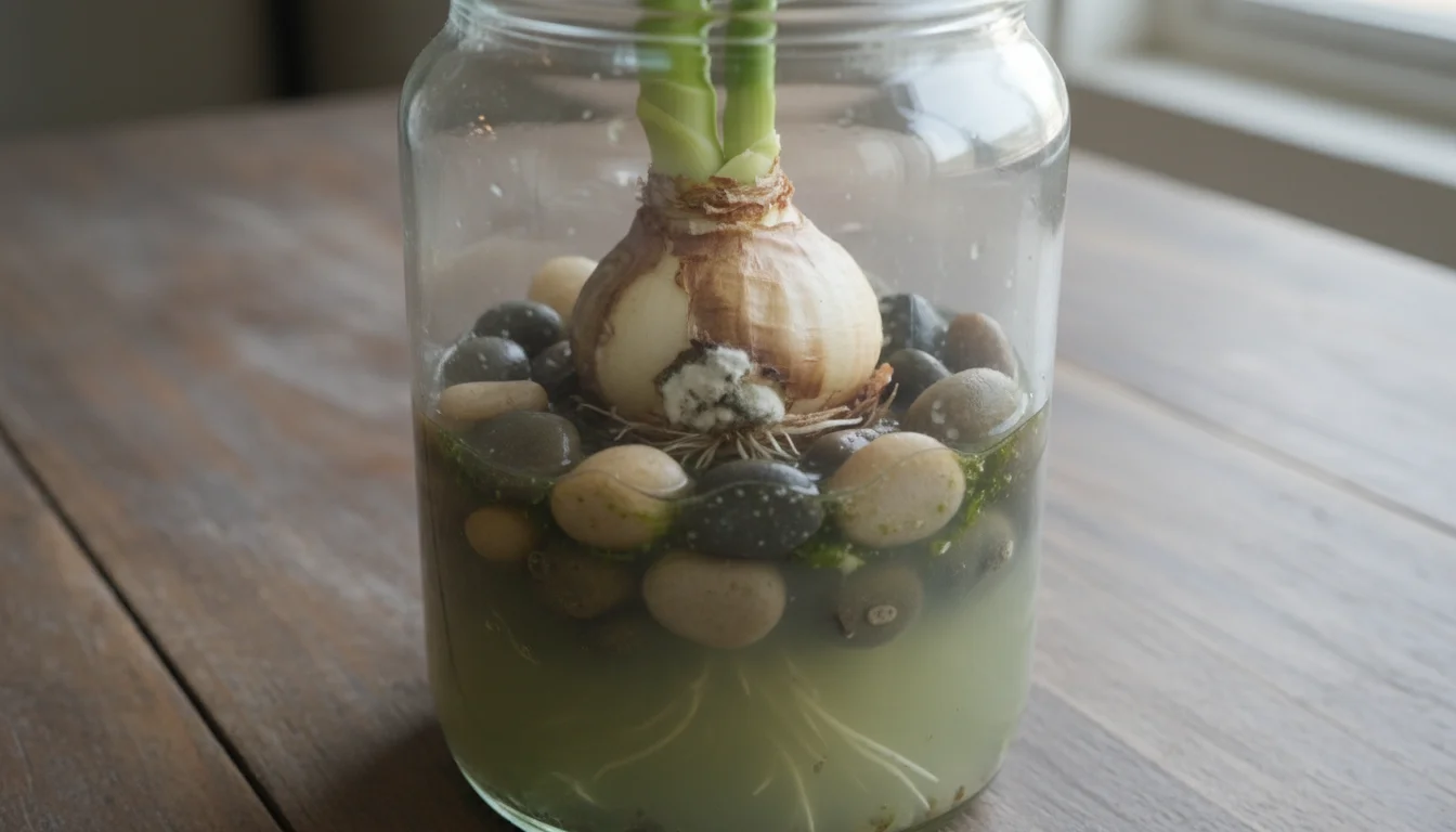 Slightly overhead view of a paperwhite bulb in a clear glass jar with cloudy water and visible mold on the bulb's base and stones.