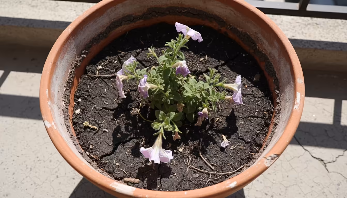 Parched, cracked soil in a dark container pot with a wilting, stressed petunia plant on a sunny balcony, highlighting summer watering challenges.