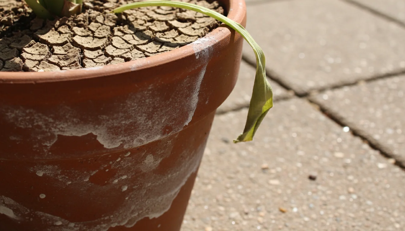 Close-up of parched, cracked soil in a terracotta pot with faint white salt residue, a single drooping leaf, under strong sun.