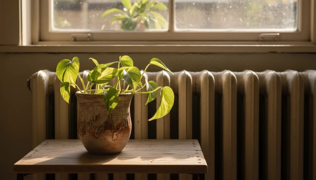 Slightly parched Pothos plant in a small ceramic pot on a wooden table, near a cast-iron radiator. A hand reaches to touch the plant.