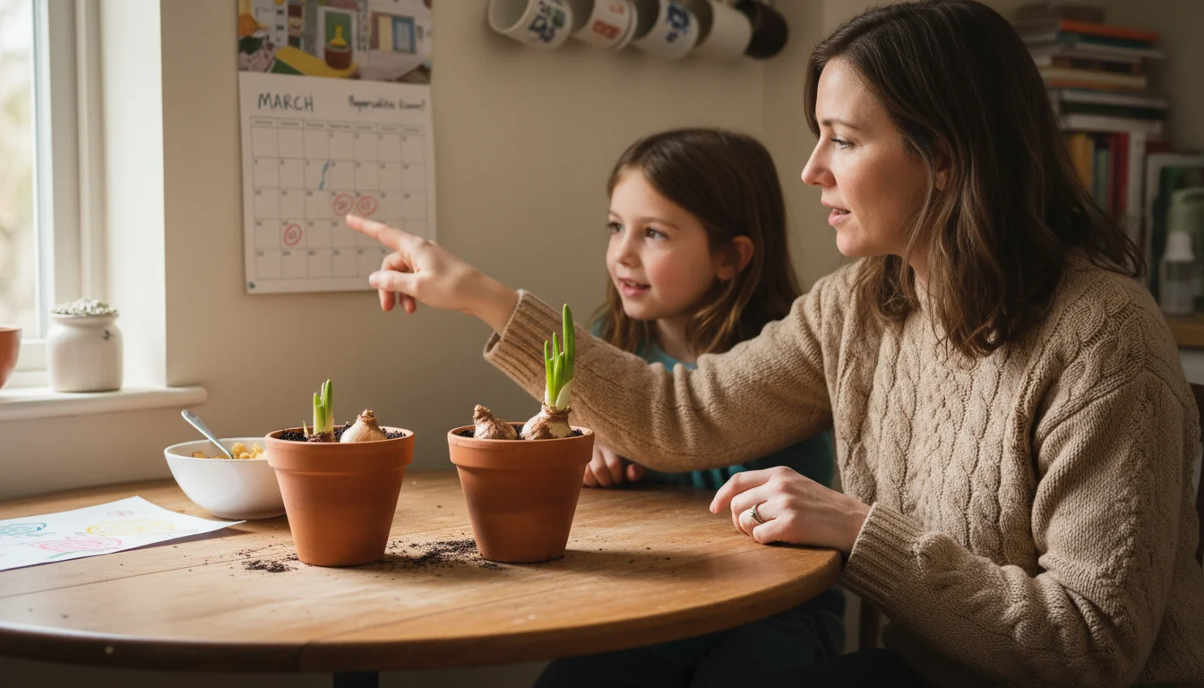 Parent and child at a small table, looking at two pots with emerging paperwhite shoots and a handwritten note about planting dates.