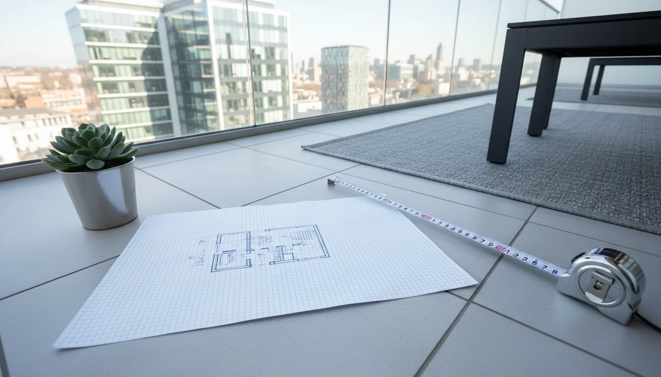 Partially completed graph paper drawing of a balcony layout with a measuring tape extending across the balcony floor towards a railing.