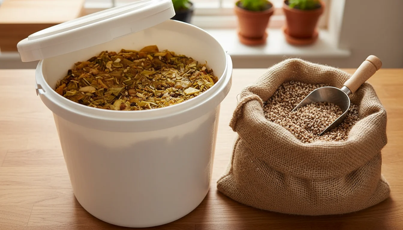 Close-up of a partially open bokashi bucket showing pickled food scraps and a bag of bokashi bran on a wooden counter.