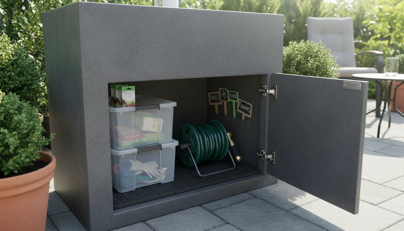 Partially open cabinet under a patio utility sink, showing organized waterproof bins with small gardening tools and supplies on a protective mat.