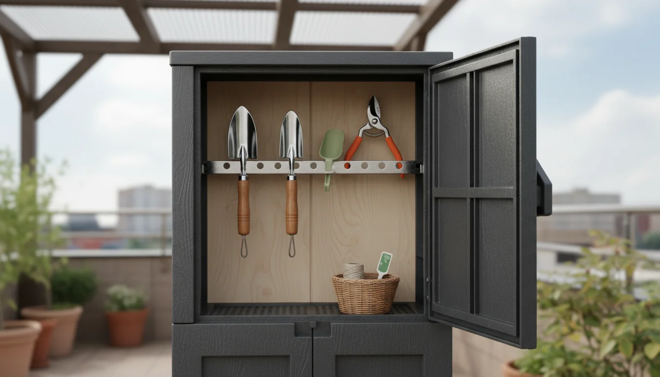 Partially open compact storage cabinet on a covered balcony revealing neatly stored, clean hand gardening tools in a dry interior.