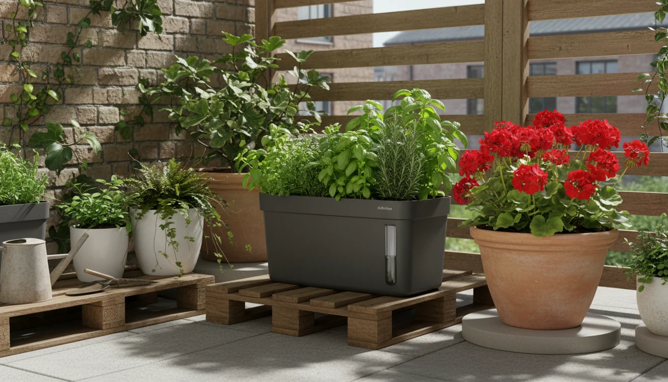 Patio corner with various container plants, showcasing a self-watering pot, discreet drip irrigation system, and a decorative watering globe.