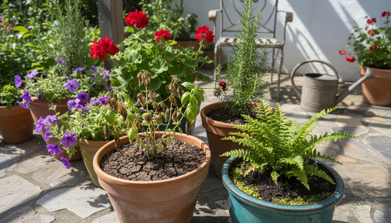 Overhead shot of patio pots: one plant is wilted with dry, cracked soil, another has yellowing leaves and dark, damp soil, framed by healthy plants.
