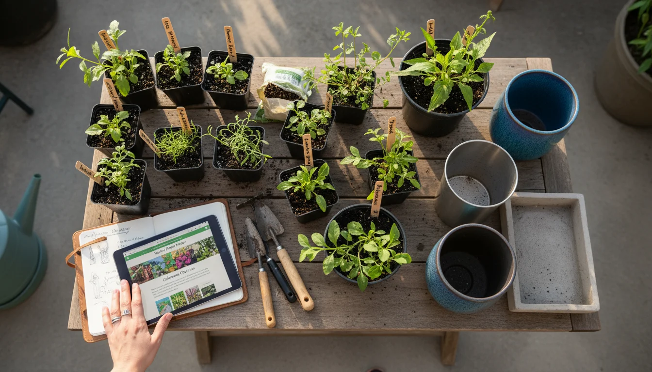 Patio potting table with native plant starts, garden journal, tablet, empty ceramic and metal pots, under soft morning light.