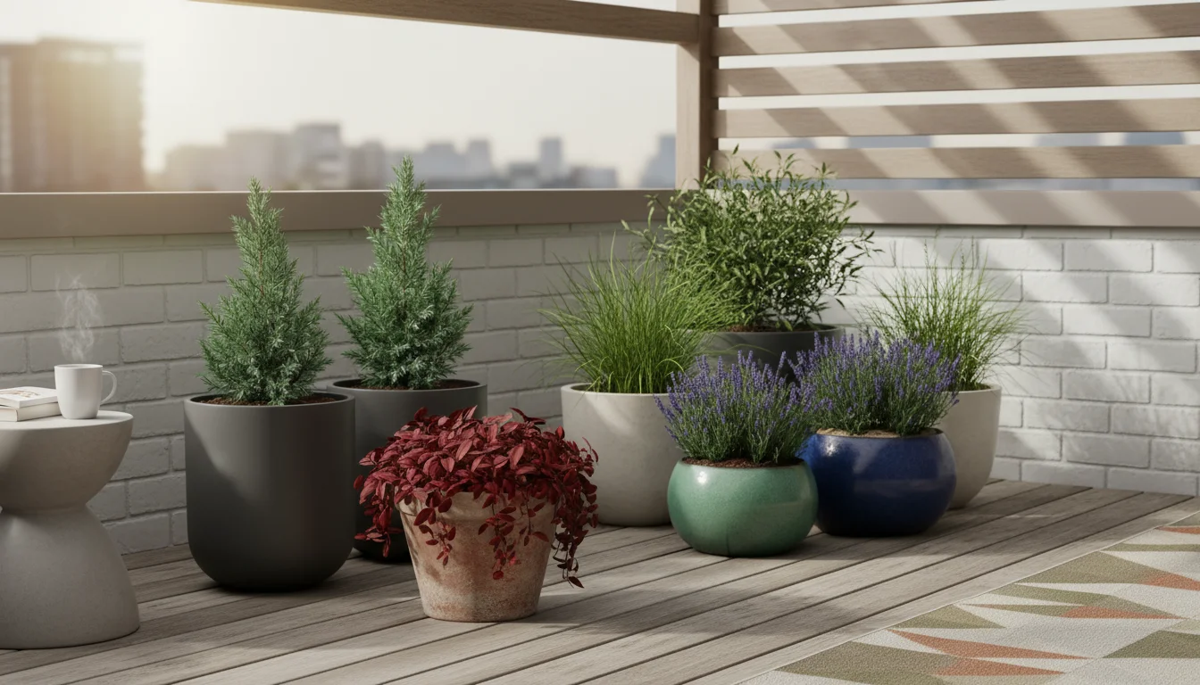 A patio with several pots of low-maintenance plants: dwarf conifer, sedum, lavender, and ornamental grass.