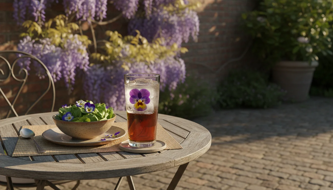 A patio table with a glass of iced tea containing a pansy ice cube and a salad garnished with violas.