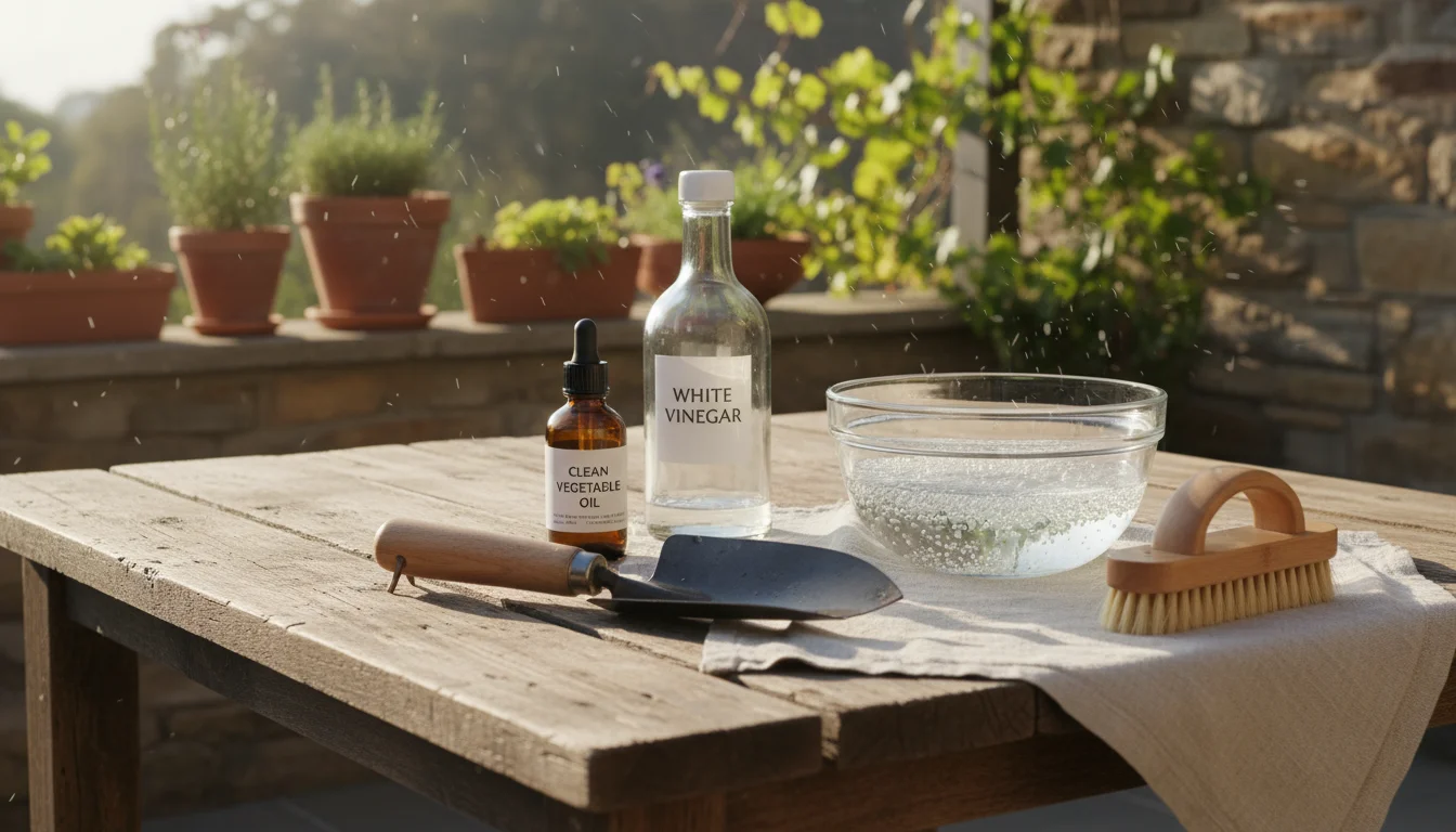 A patio table holds a bowl of soapy water, white vinegar, vegetable oil, and a clean hand trowel.