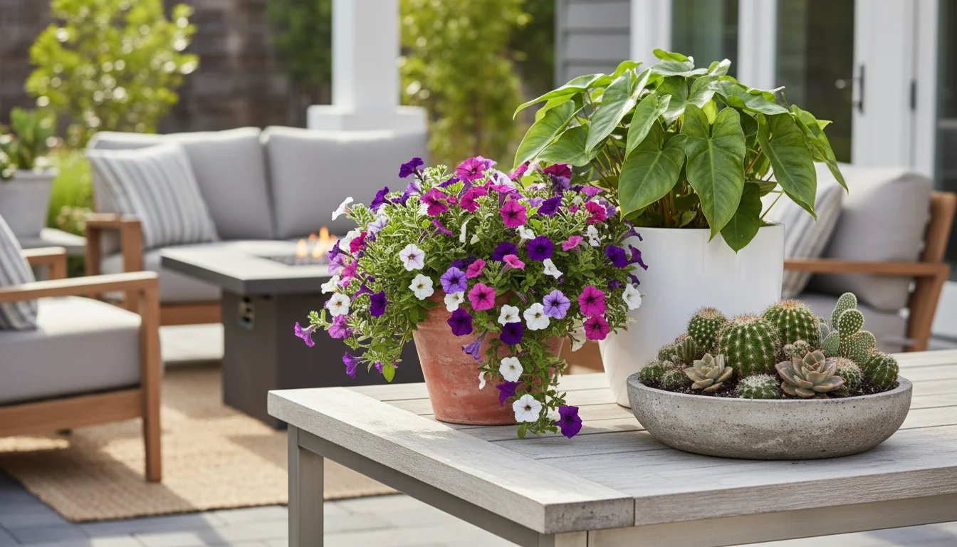 A patio table holds a terracotta pot with vibrant petunias, a white pot with a philodendron, and a concrete dish with succulents.