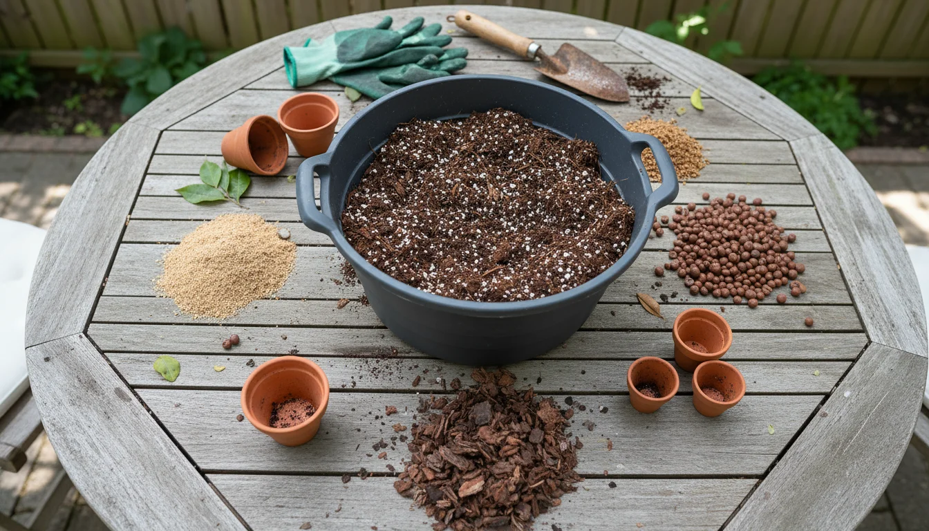 Overhead shot on a patio table, showing a trug of high-quality potting mix surrounded by piles of coco coir, perlite, and compost.