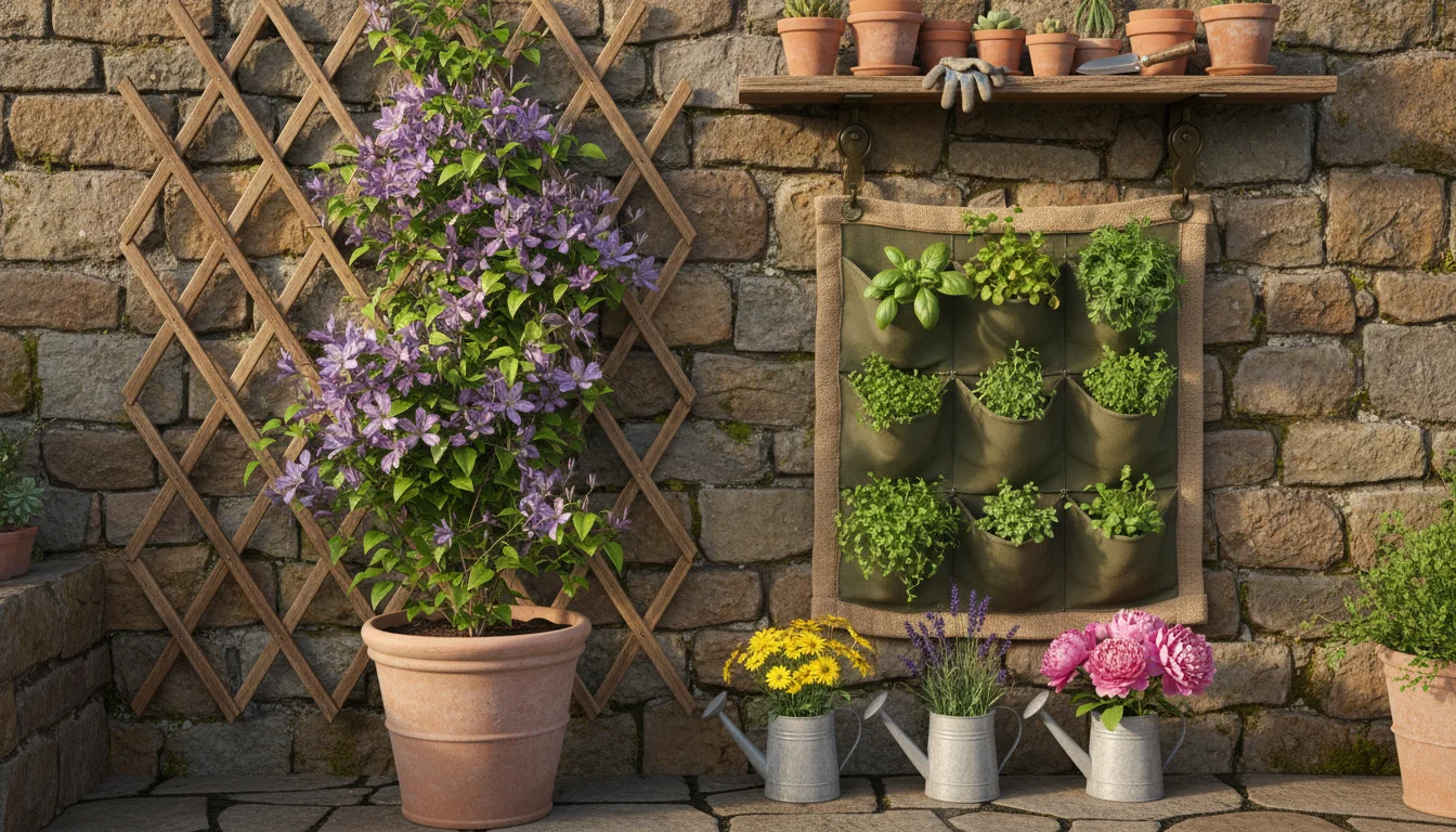 Eye-level shot of a patio wall featuring a purple clematis on a reclaimed wood trellis and a fabric wall planter bursting with petunias, sedum, and he