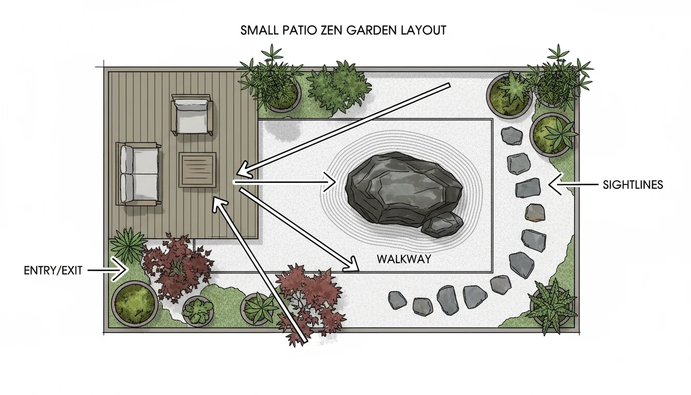 Patio Zen garden plan: seating, raked gravel with rock, stepping stone path, container plants, arrows for flow/sightlines.