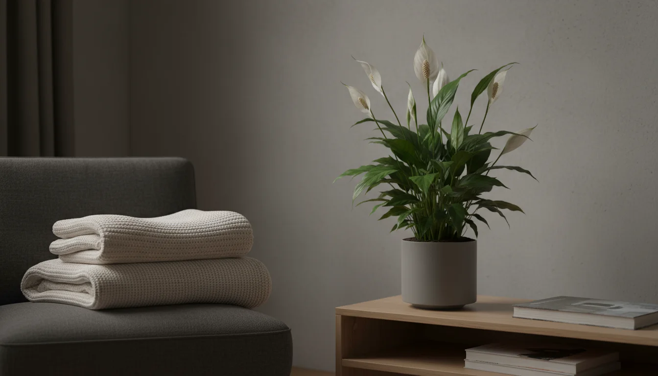 A Peace Lily in a grey planter on a wooden table in a dimly lit apartment corner, showing yellow, drooping, and fallen leaves.
