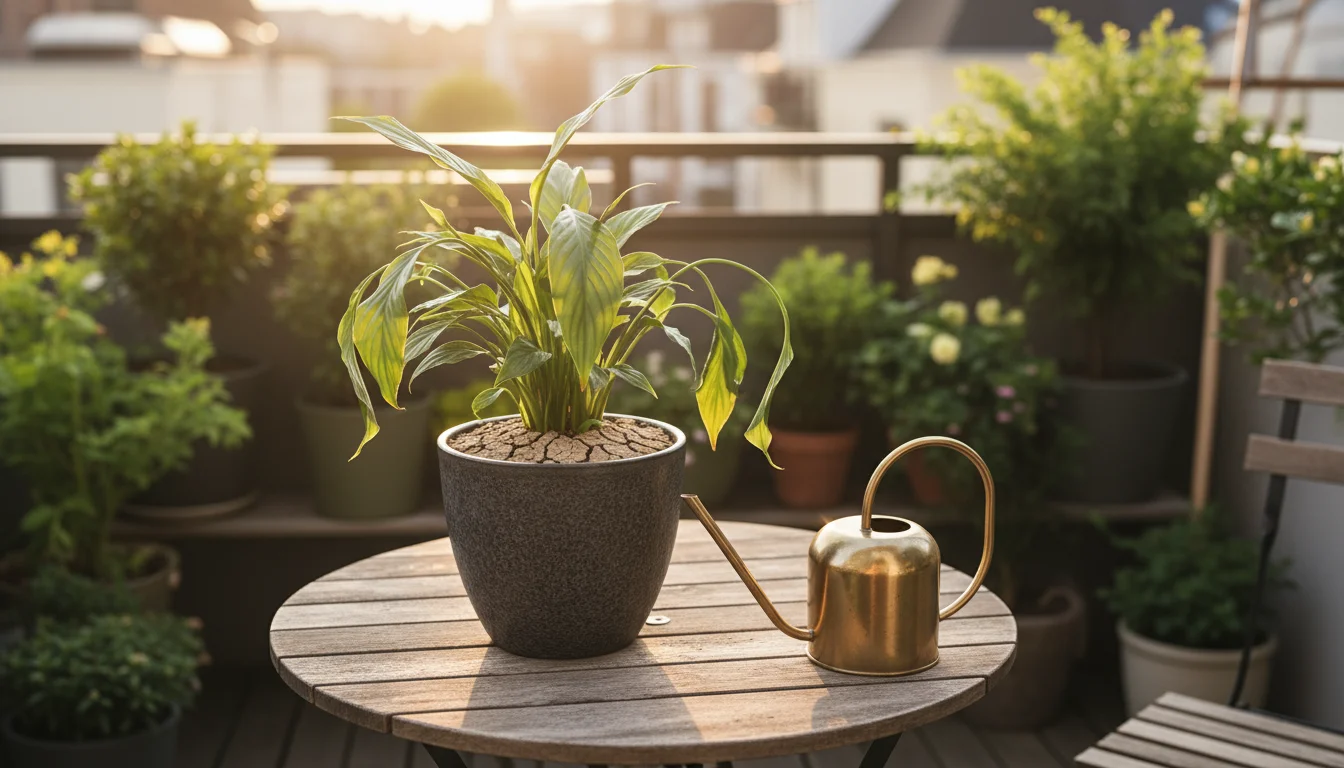 A Peace Lily with severely drooping, wilted leaves sits in a gray ceramic pot on a wooden table on a sunny balcony. Dry soil is visible.