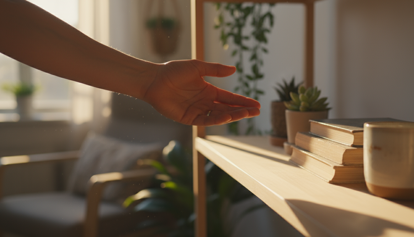 A slightly droopy Peace Lily in a grey ceramic pot on a patio table, with a hand holding a watering can poised to water it.