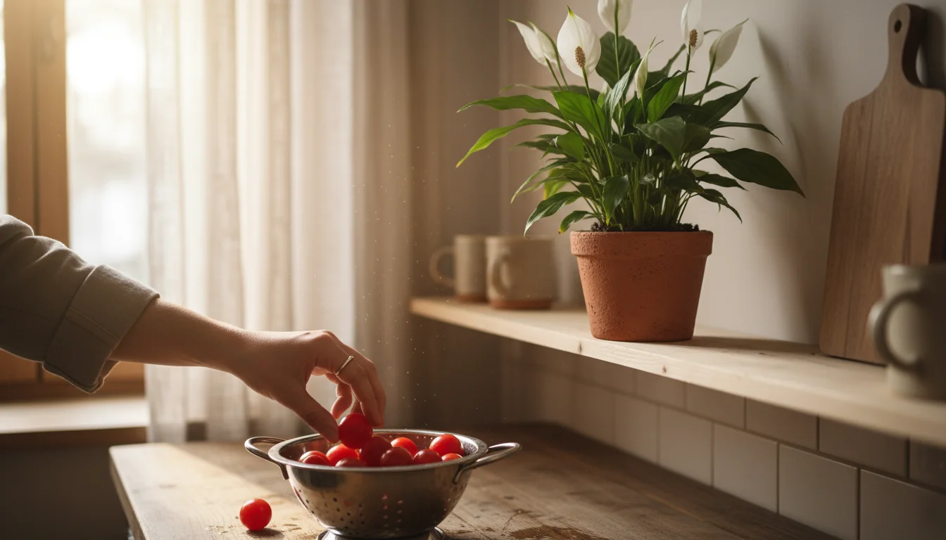 Peace Lily in a terracotta pot on a kitchen shelf above a counter with a hand reaching for a tomato in a colander.