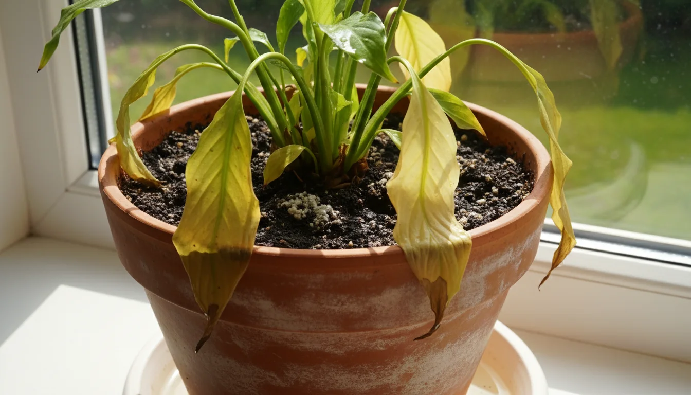 A peace lily in a terracotta pot shows yellowed, drooping leaves and visibly saturated, dark soil with white mold, indicating severe overwatering.