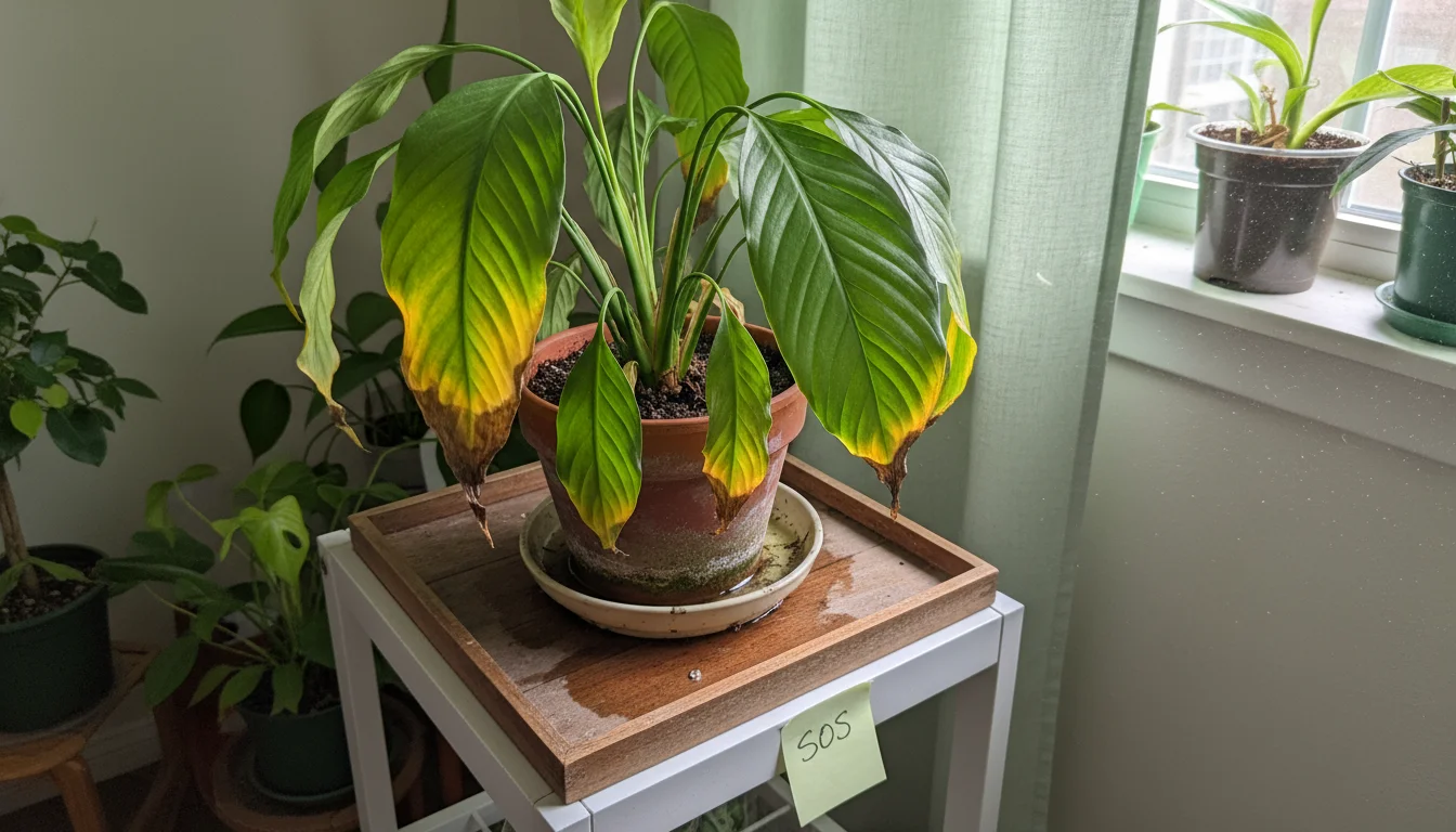 A peace lily with yellowed, drooping leaves sits in a terra cotta pot, in a saucer of stagnant water, suffering from overwatering.