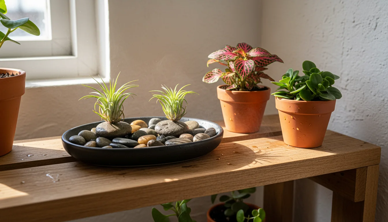 A pebble tray with air plants and water, grouped with other small houseplants on a wooden shelf in a sunny room.