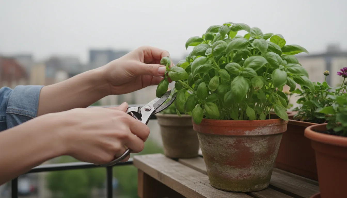 Close-up of hands pruning a basil plant in a terracotta pot on an urban balcony, showing the maintenance task.