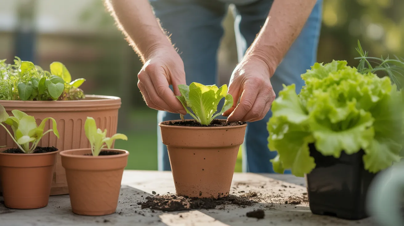 A senior person's hands gently plant a small green lettuce seedling into a terracotta pot on a patio.