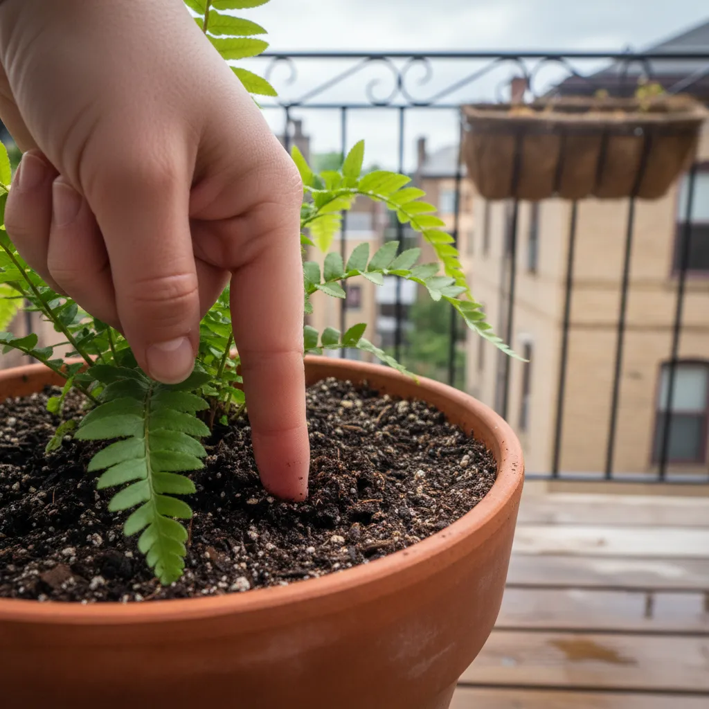 A person's hand presses an index finger two inches into dark potting soil within a container plant on a balcony, demonstrating the finger test for wat