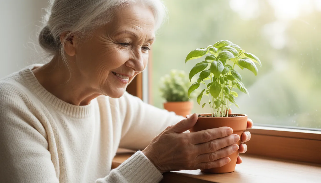 A close-up shot of a happy senior woman's face, smiling while she tends to a small herb plant in a pot on a windowsill, bathed in soft daylight.