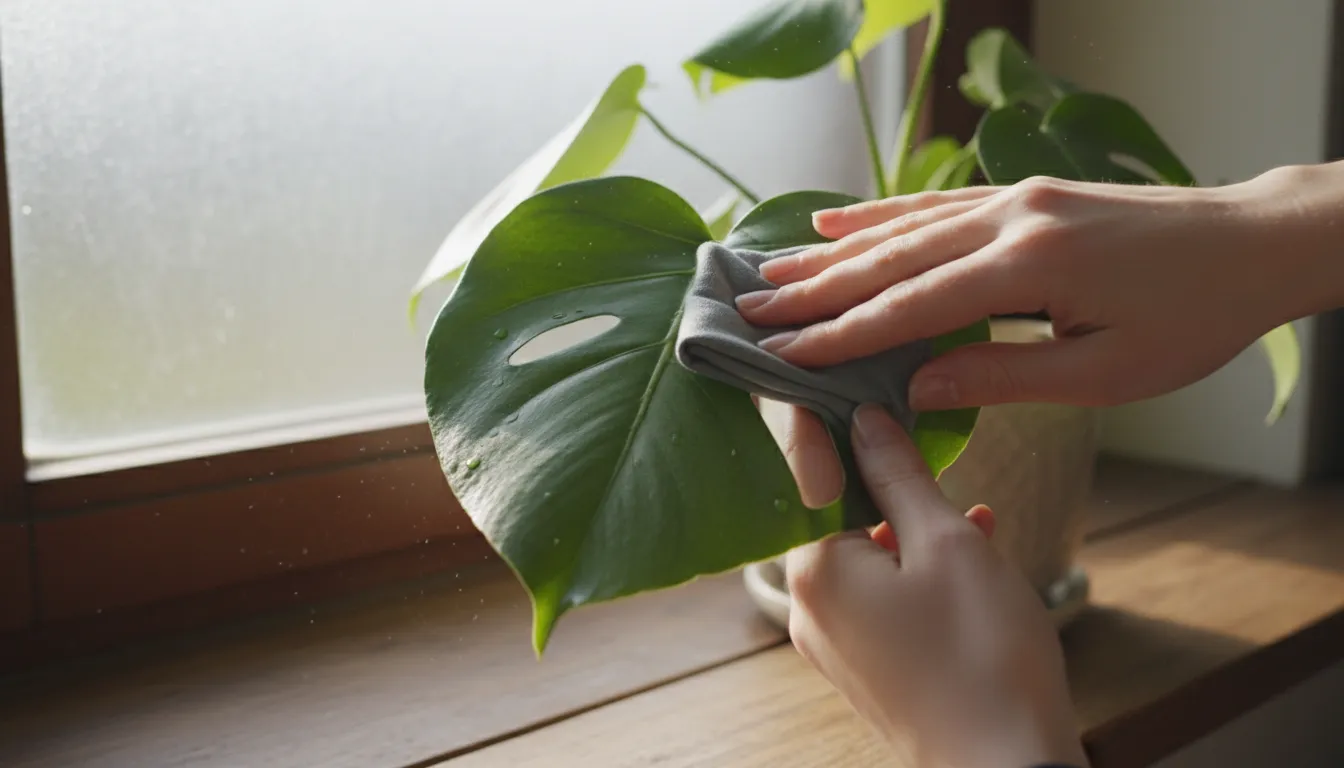Close-up of hands wiping a houseplant leaf clean on a windowsill, with soft morning light illuminating the scene through a window.