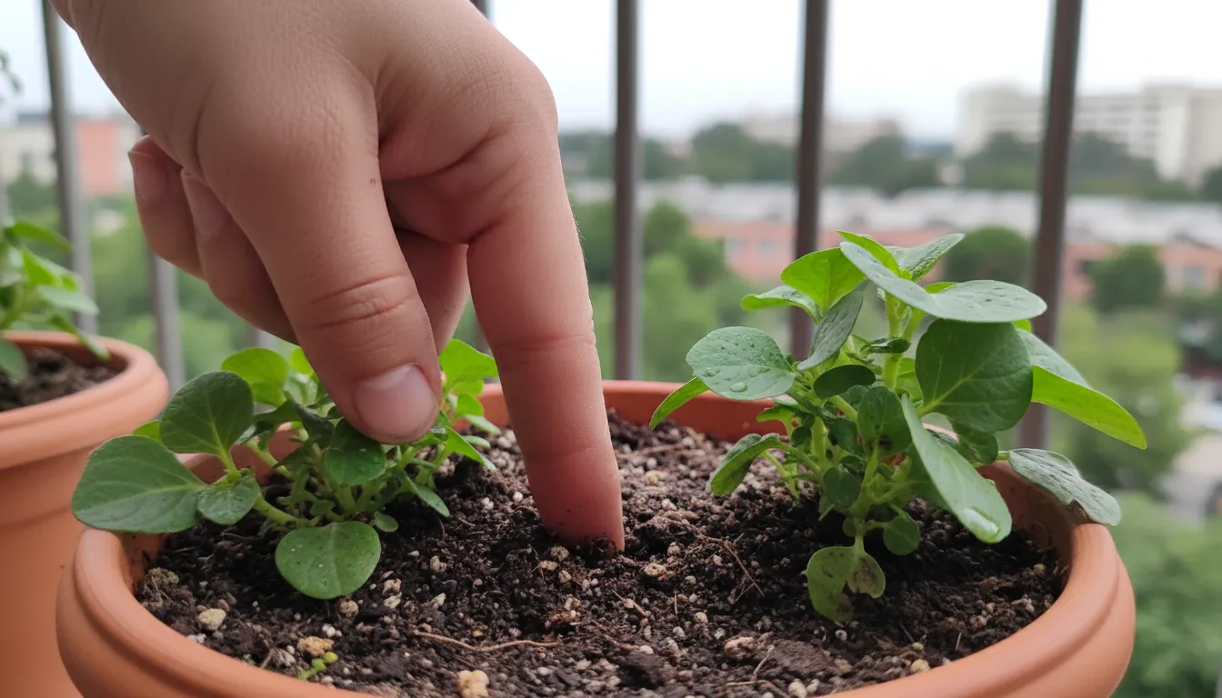 A gardener's hand performs the finger test on a container plant's soil. A finger is inserted two inches deep into dark, moist potting mix, indicating 