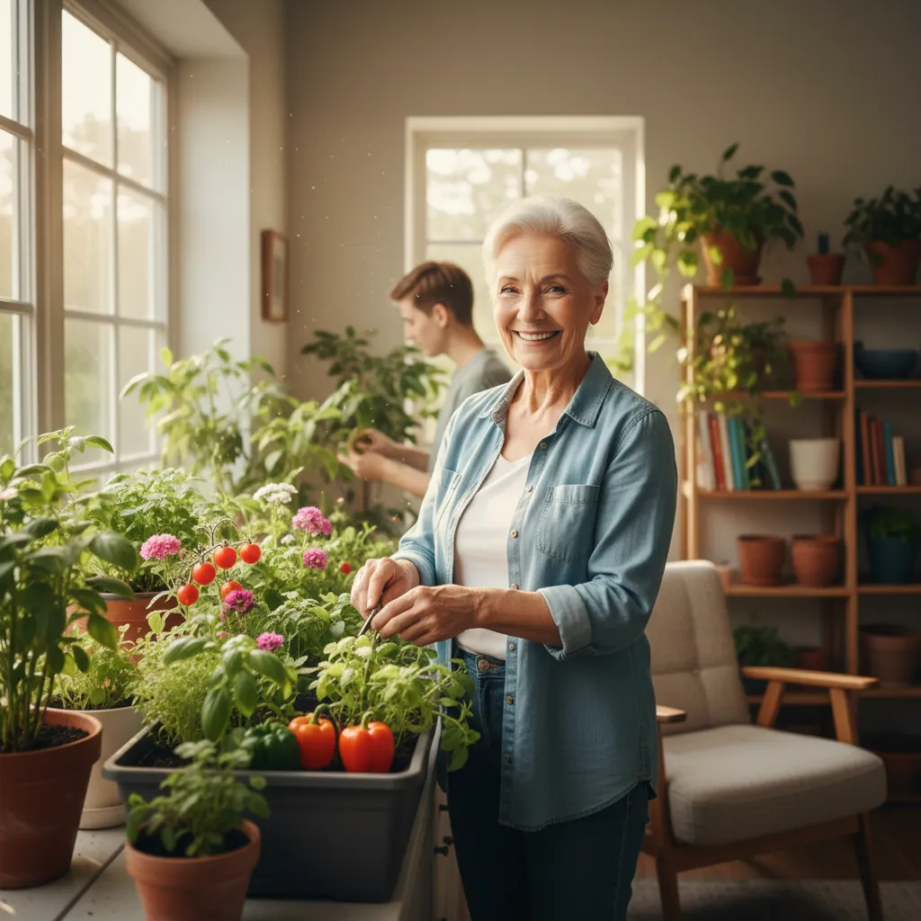 A wide, daylight interior shot shows a happy senior gardener smiling while tending to a pot of herbs on a windowsill. Another person gardens softly in