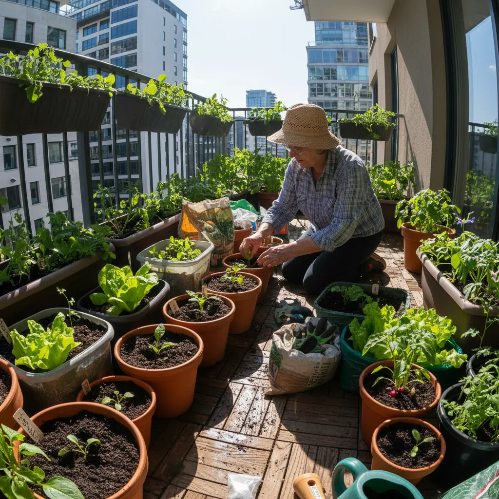 An ultra wide shot of a senior gardener on a balcony patio, focused on planting small vegetable seedlings into various pots under harsh midday sun.