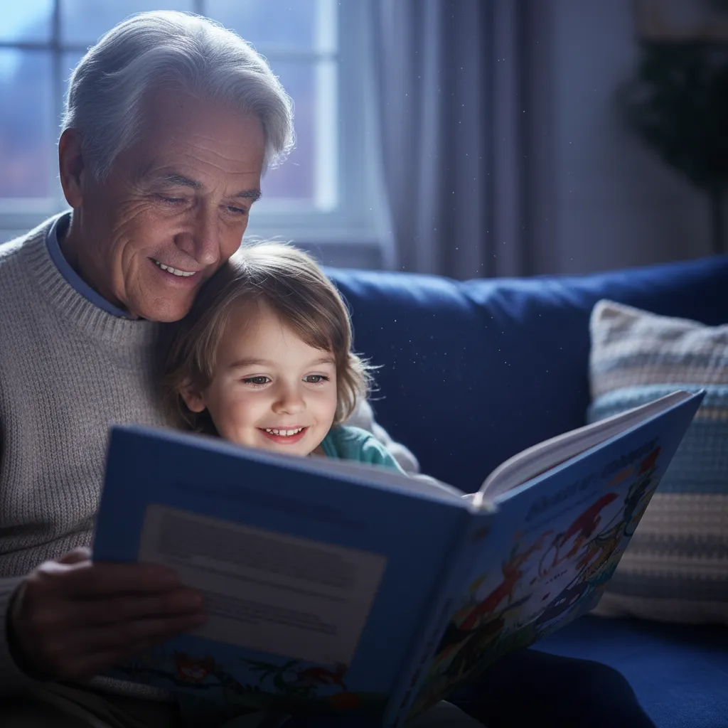 Macro shot of a grandparent and grandchild's faces, smiling, as the grandparent reads a book aloud on a sofa during blue hour.
