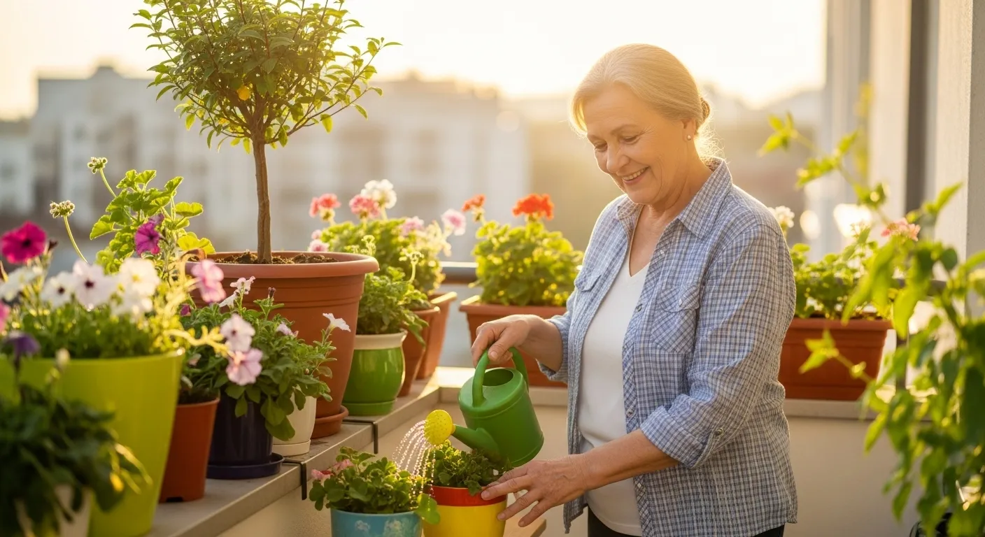 A senior woman waters plants on a balcony, displaying a happy, engaged expression, surrounded by potted flowers in natural light.